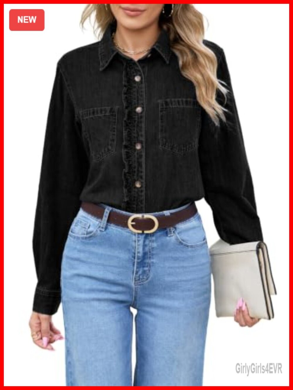 Ruffle Trim Button Down Denim Shirt Long Sleeve Collared Blouse